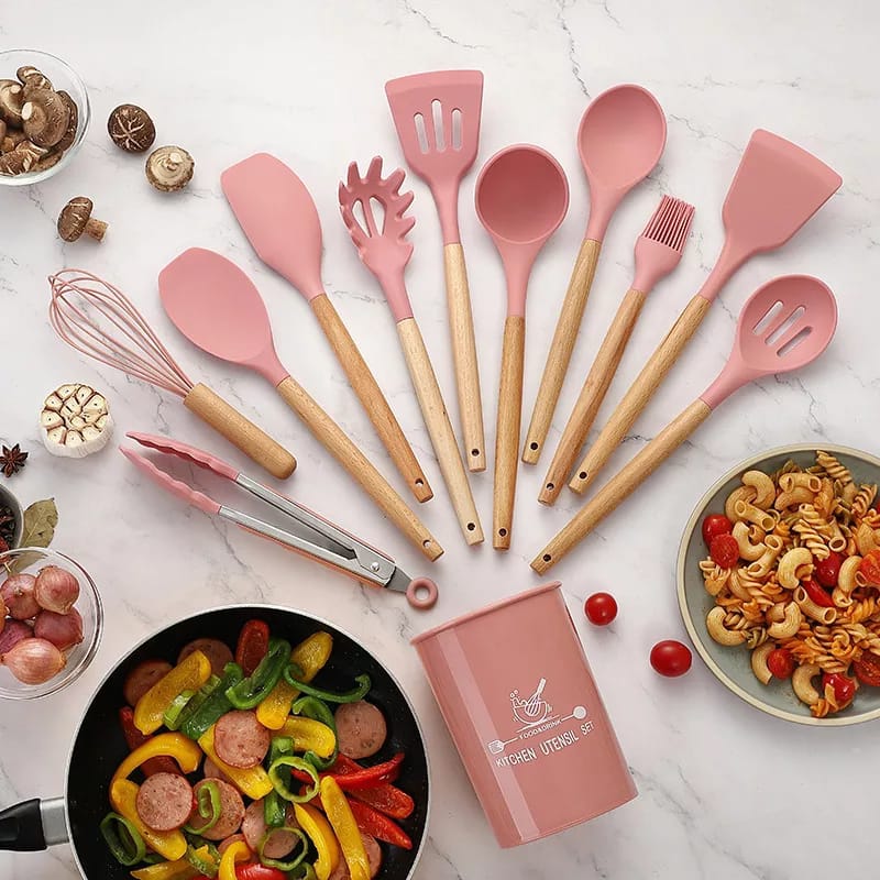 12-Piece Silicone Cooking Utensils Set – Heat Resistant Kitchen Tools with Wooden Handles
