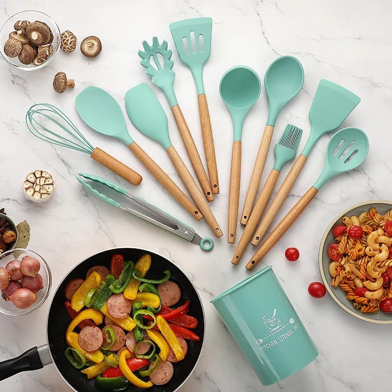 12-Piece Silicone Cooking Utensils Set – Heat Resistant Kitchen Tools with Wooden Handles