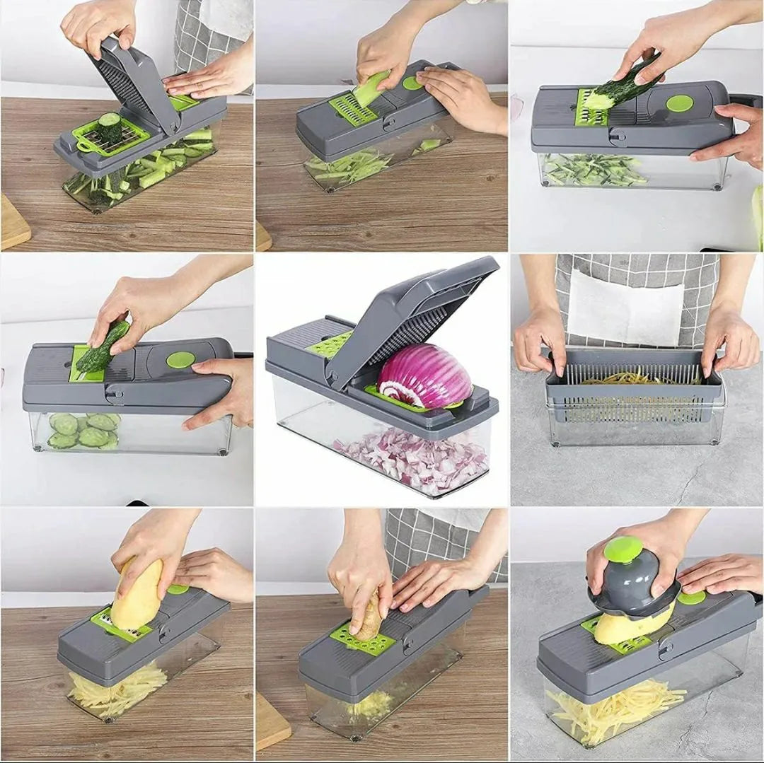 16-in-1 Vegetable Chopper & Slicer – Manual Food Cutter with Colander & Storage Container