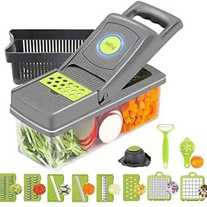 16-in-1 Vegetable Chopper & Slicer – Manual Food Cutter with Colander & Storage Container