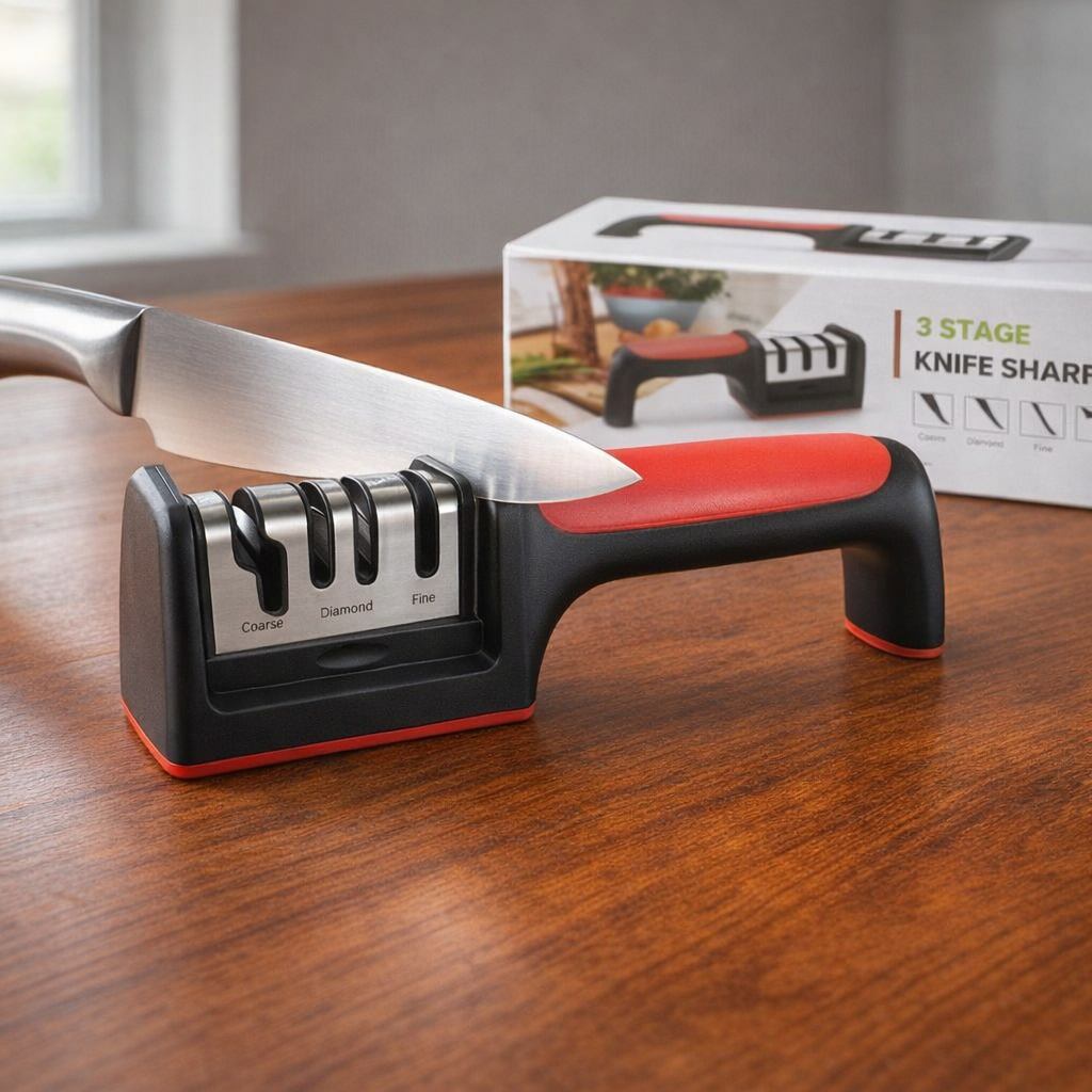 Professional 3-Stage Kitchen Knife Sharpener – Manual Steel & Ceramic Knife Sharpening Tool