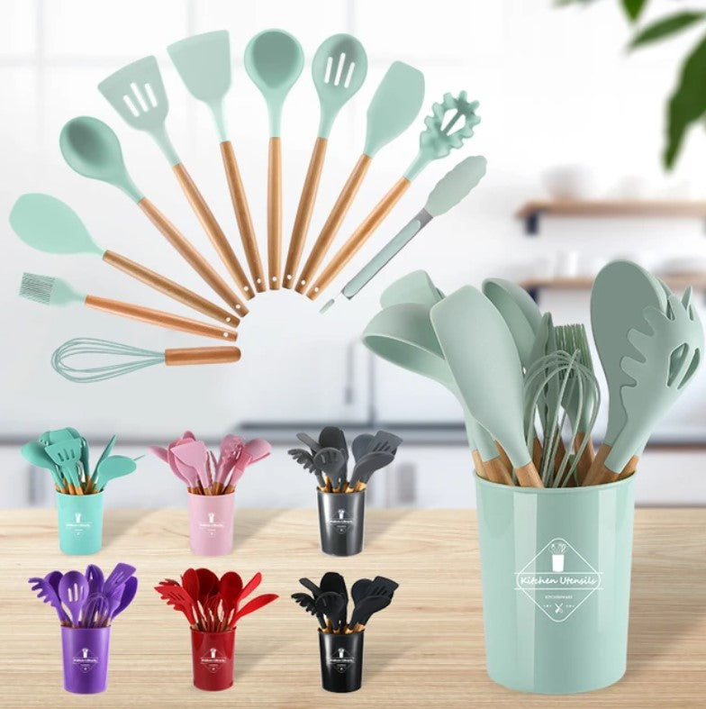 12-Piece Silicone Cooking Utensils Set – Heat Resistant Kitchen Tools with Wooden Handles