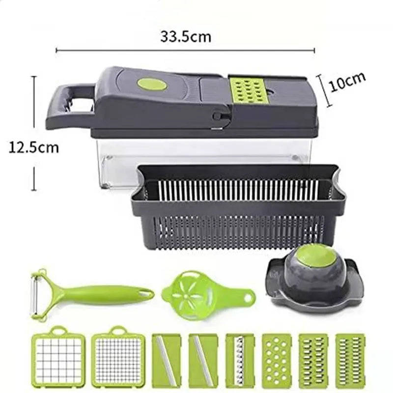 16-in-1 Vegetable Chopper & Slicer – Manual Food Cutter with Colander & Storage Container